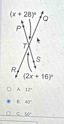 A. 12°
B. 40°
C. 50°