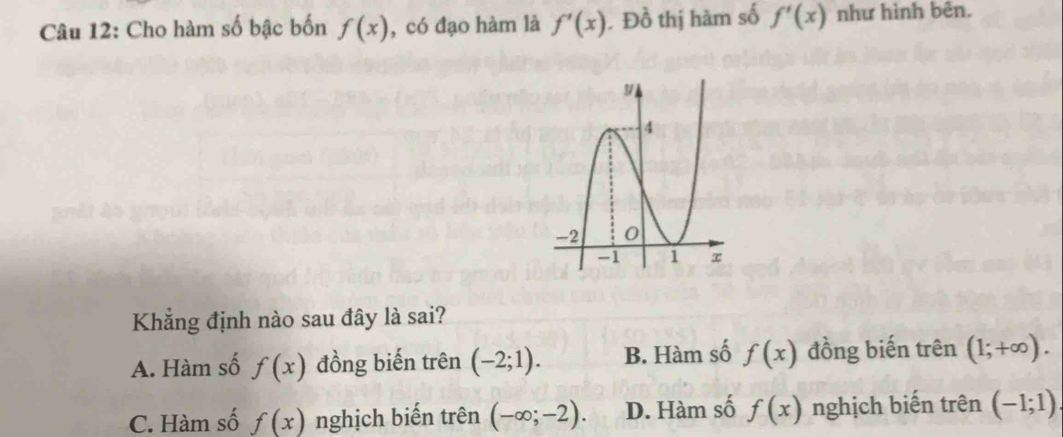 Cho hàm số bậc bốn f(x) , có đạo hàm là f'(x). Đồ thị hàm số f'(x) như hình bên.
Khẳng định nào sau đây là sai?
A. Hàm số f(x) đồng biến trên (-2;1). B. Hàm số f(x) đồng biến trên (1;+∈fty ).
C. Hàm số f(x) nghịch biến trên (-∈fty ;-2). D. Hàm số f(x) nghịch biến trên (-1;1)