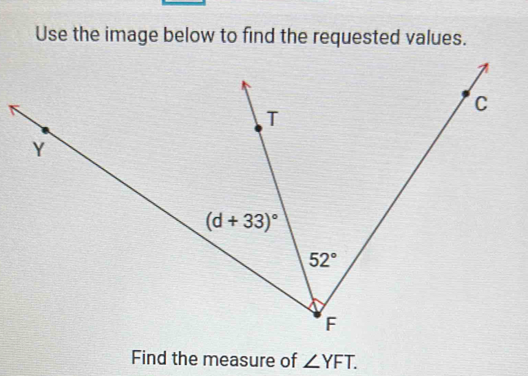 Use the image below to find the requested values.
Find the measure of ∠ YFT.