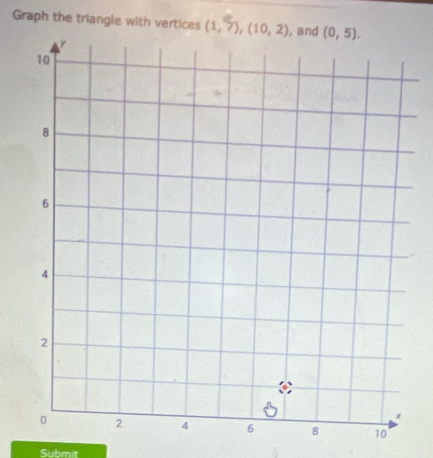 Graph the triangle with vertices (1,7),(10,2) , and
Submit