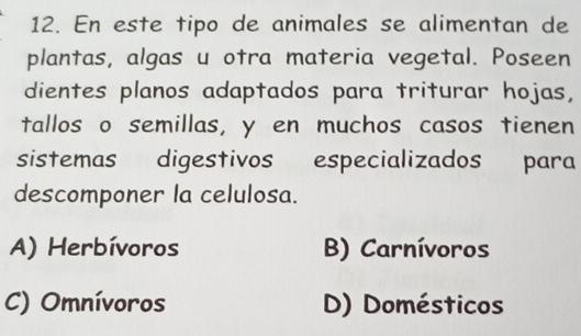 En este tipo de animales se alimentan de
plantas, algas u otra materia vegetal. Poseen
dientes planos adaptados para triturar hojas,
tallos o semillas, y en muchos casos tienen
sistemas digestivos especializados para
descomponer la celulosa.
A) Herbívoros B) Carnívoros
C) Omnívoros D) Domésticos