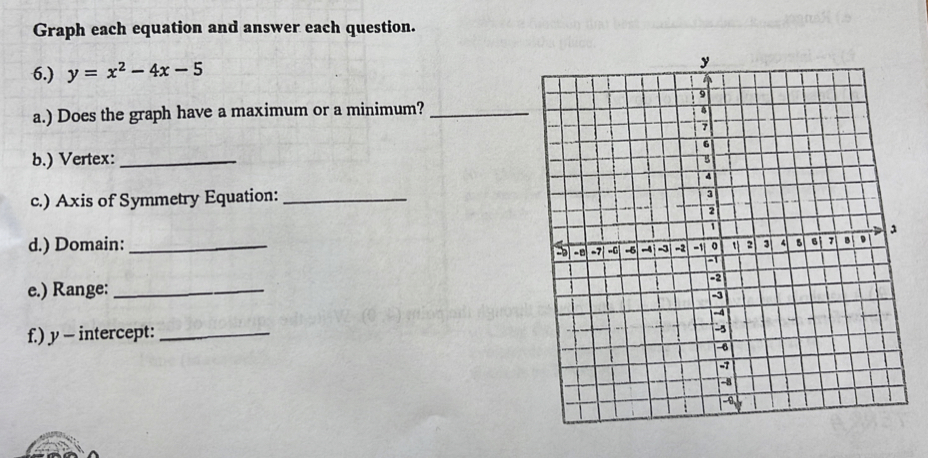Graph each equation and answer each question. 
6.) y=x^2-4x-5
a.) Does the graph have a maximum or a minimum?_ 
b.) Vertex:_ 
c.) Axis of Symmetry Equation:_ 
d.) Domain:_ 
e.) Range:_ 
f.) y - intercept:_
