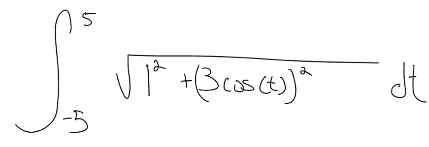 ∈t _(-5)^5sqrt(1^2+(3cos (3))^2)dt