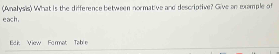 (Analysis) What is the difference between normative and descriptive? Give an example of 
each. 
Edit View Format Table