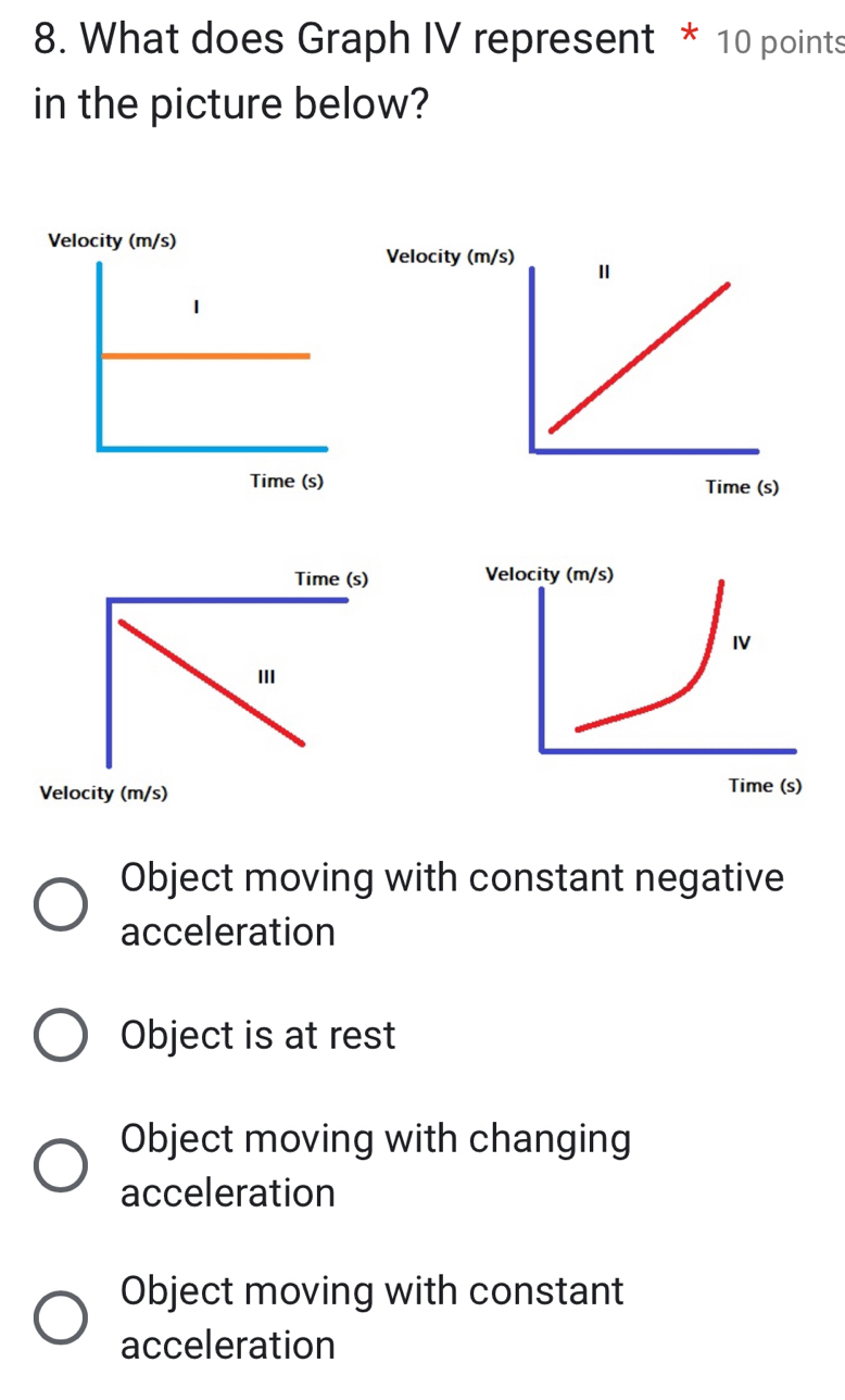 What does Graph IV represent * 10 points
in the picture below?
Veloc
Time (s) 
Ⅲ
Velocity (m/s)
Object moving with constant negative
acceleration
Object is at rest
Object moving with changing
acceleration
Object moving with constant
acceleration