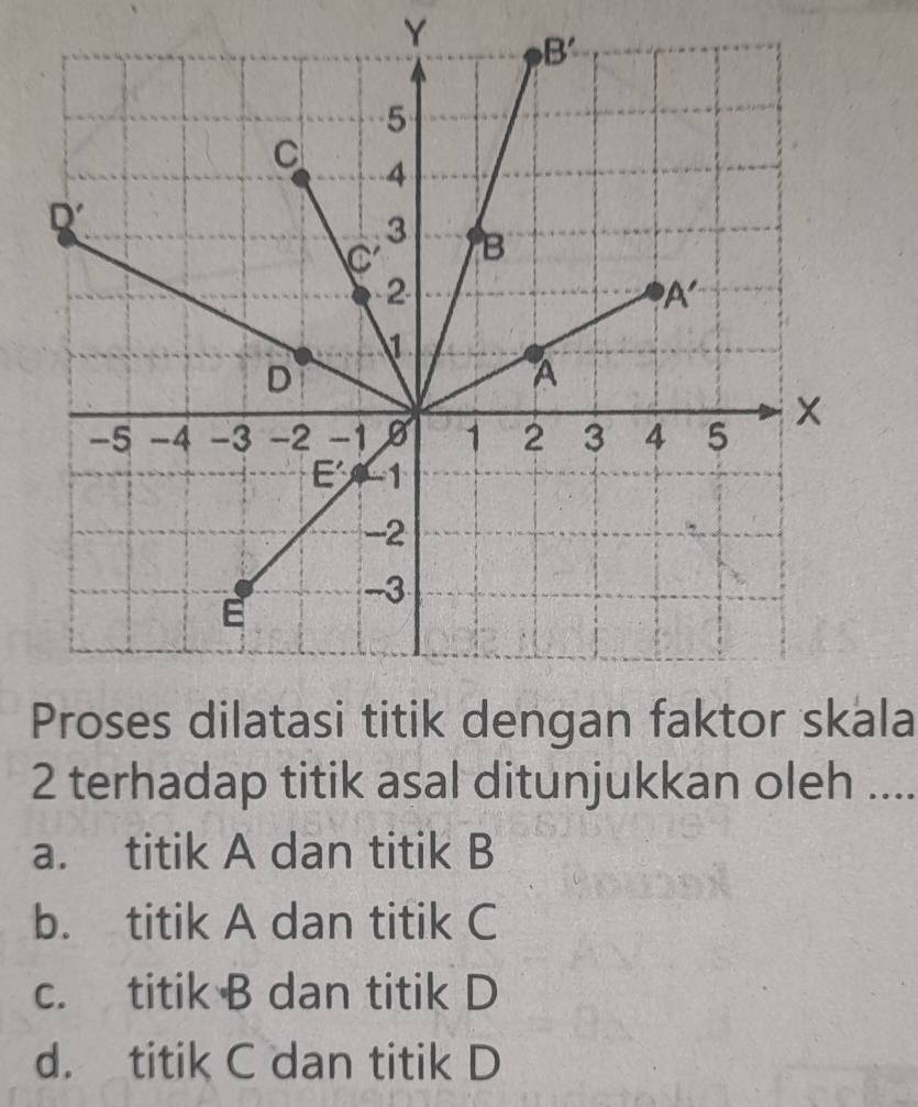 Proses dilatasi titik dengan faktor skala
2 terhadap titik asal ditunjukkan oleh ....
a. titik A dan titik B
b. titik A dan titik C
c. titik B dan titik D
d. titik C dan titik D