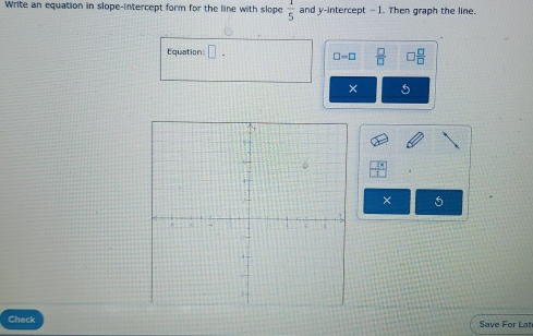 Write an equation in slope-intercept form for the line with slope  1/5  and y-intercept -1. Then graph the line. 
Equation: □ . □ -□  □ /□    □ /□  
× 
× 
Check Save For Lat