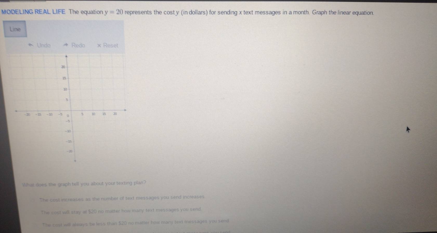 MODELING REAL LIFE The equation y=20 represents the cost y (in dollars) for sending x text messages in a month. Graph the linear equation.
Line
Undo Redo x Reset
What does the graph tell you about your texting plan?
The cost increases as the number of text messages you send increases
The cost will stay at $20 no matter how many text messages you send.
The cost will always be less than $20 no matter how many text messages you send