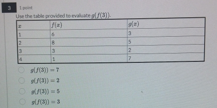 3 1 point
g(f(3)).
g(f(3))=7
g(f(3))=2
g(f(3))=5
g(f(3))=3