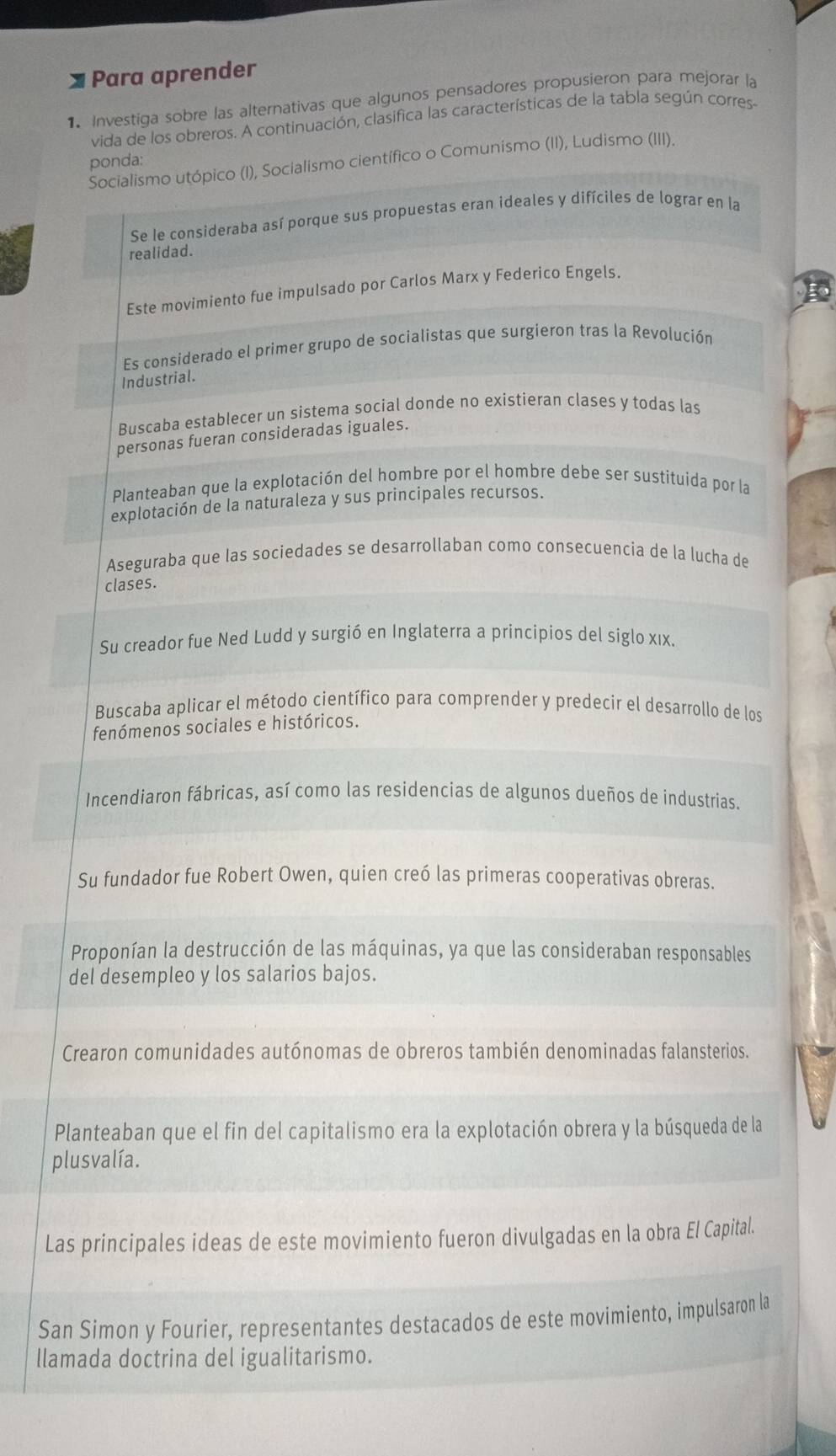 Para aprender 
1 Investiga sobre las alternativas que algunos pensadores propusieron para mejorar la 
vida de los obreros. A continuación, clasifica las características de la tabla según corres- 
omunismo (II), Ludismo (III). 
P 
pl 
La 
Sana 
llam