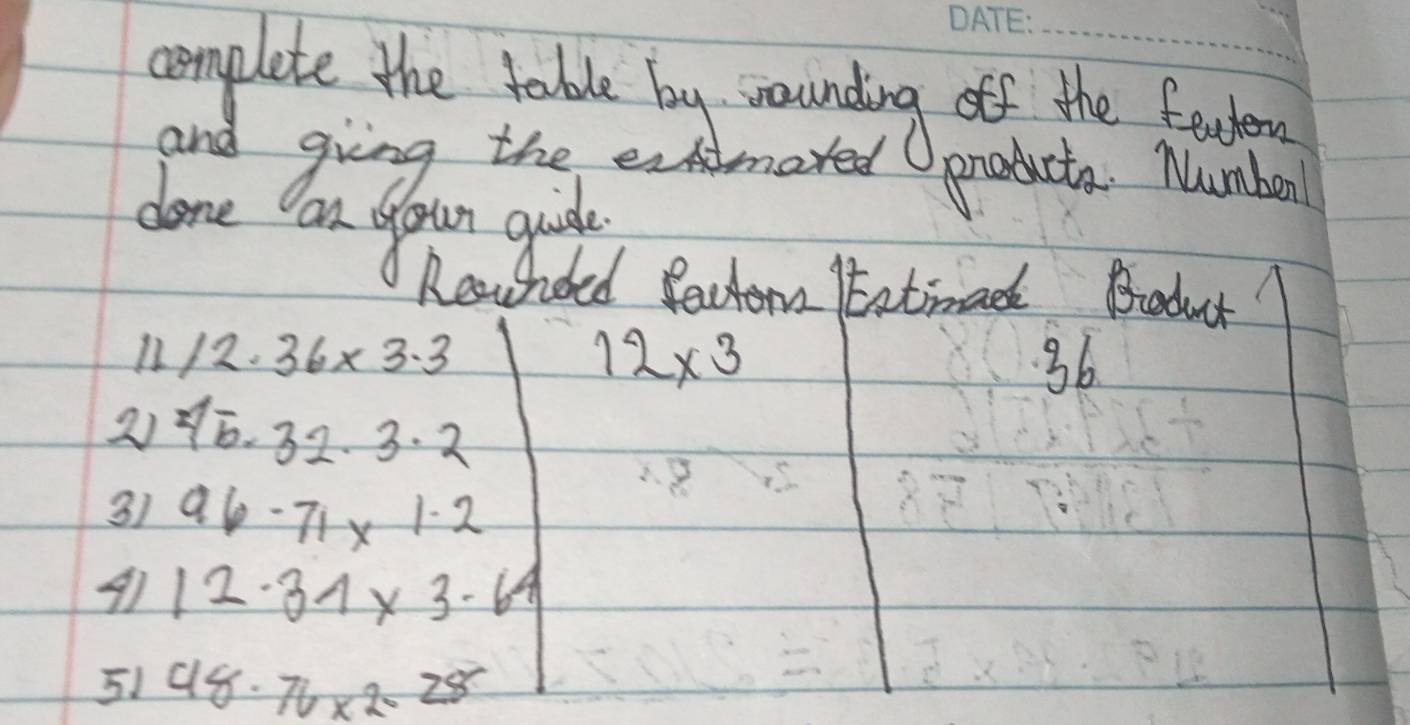 complete the table by wounding off the feuter 
and gving the enimared producta. Numban 
done an your guide 
Reow Srded fPactom Itatimadl Broduct 
1 12.36* 3.3
12* 3
36
2 45· 32· 3· 2
31 96-71* 1.2
A1 12· 37* 3.64
51 48· 76* 2-28