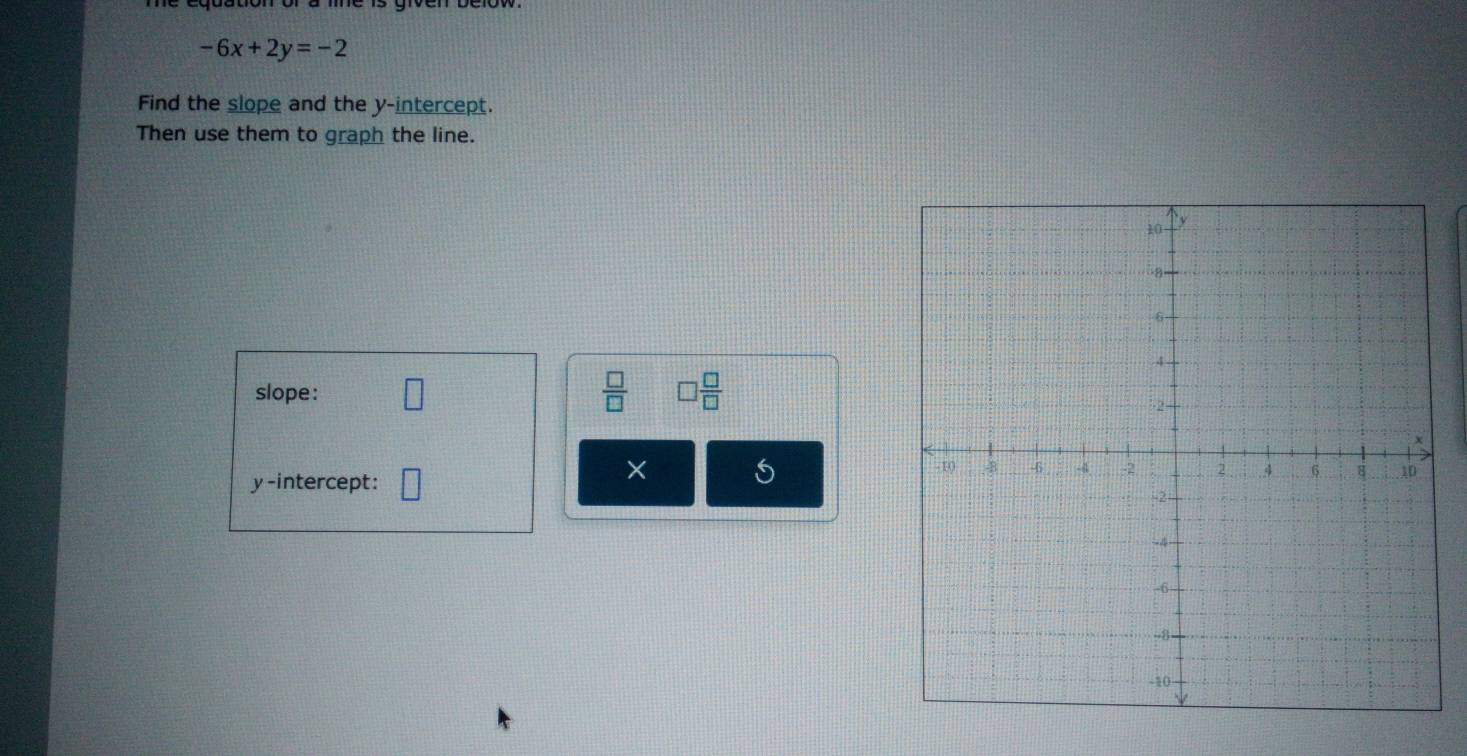 -6x+2y=-2
Find the slope and the y-intercept. 
Then use them to graph the line. 
slope: 
 □ /□   □  □ /□  
y-intercept: