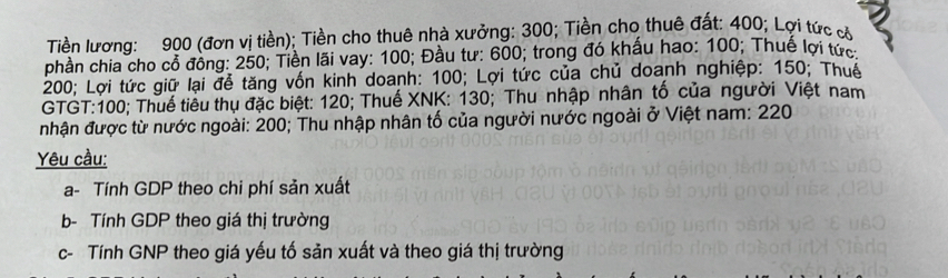 Tiền lương: 900 (đơn vị tiền); Tiền cho thuê nhà xưởng: 300; Tiền cho thuê đất: 400; Lợi tức cả 
phần chia cho có đông: 250; Tiền lãi vay: 100; Đầu tư: 600; trong đó khấu hao: 100; Thuế lợi tức
200; Lợi tức giữ lại đễ tăng vốn kinh doanh: 100; Lợi tức của chủ doanh nghiệp: 150; Thuế 
GTGT: 100; Thuế tiểu thụ đặc biệt: 120; Thuế XNK: 130; Thu nhập nhân tố của người Việt nam 
nhận được từ nước ngoài: 200; Thu nhập nhân tố của người nước ngoài ở Việt nam: 220
Yêu cầu: 
a- Tính GDP theo chi phí sản xuất 
b- Tính GDP theo giá thị trường 
c- Tính GNP theo giá yếu tố sản xuất và theo giá thị trường