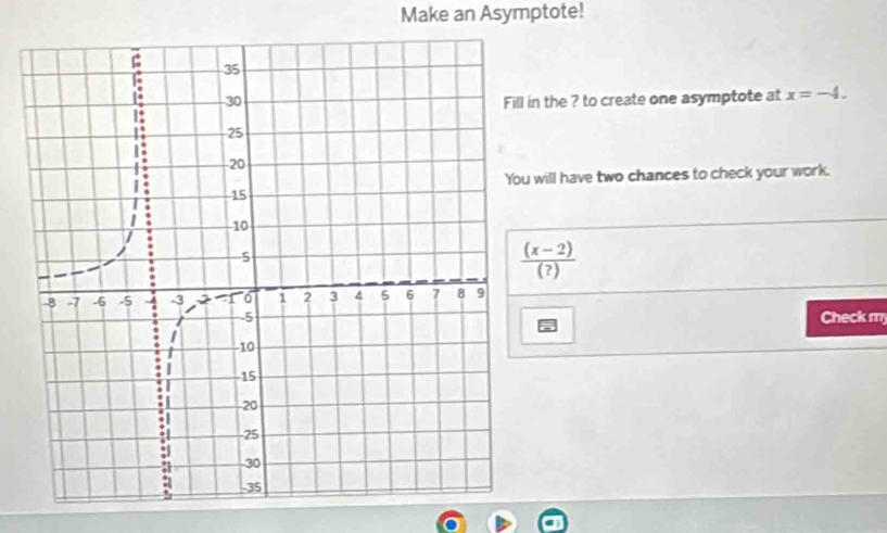 Make an Asymptote! 
in the ? to create one asymptote at x=-4. 
will have two chances to check your work.
 ((x-2))/(?) 
Check my