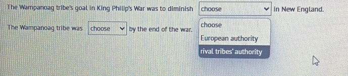 The Wampanoag tribe's goal in King Philip's War was to diminish choose in New England.
The Wampanoag tribe was choose by the end of the war. choose
European authority
rival tribes’ authority