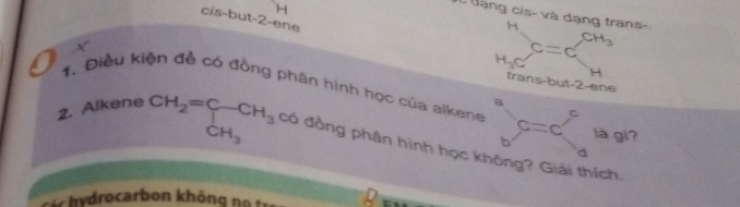 H
L làng cis- và dạng trans-. 
cis-but -2 -ene
H
X
H_3C C=c^(CH_3)
H
trans-but -2 -ene 
1. Điều kiện đề có đồng phân hình học của alkene c=c'....
CH_3
là gì? 
2. Alkene CH_2=C-CH_3 có đồng phân hình học không? Giải thích.
d
* c drocarbon k hôn