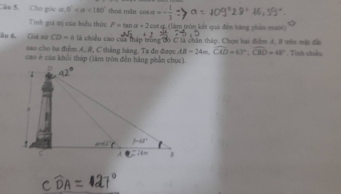 Cho góc alpha ,0° <180° thoá mǎn cos alpha =- 1/3 
Tính giá trị của biểu thức P=tan alpha +2 cot q(làm tròn kết quả đến hàng phần mười)
lâu 6. Giá sử CD=h là chiều cao của tháp trống đó C là chân tháp. Chọn hai điểm A, 8 trên mặt đất
sao cho ba điểm A, B, C thắng hàng. Ta đo được AB=24m,widehat CAD=63°;widehat CBD=48°. Tính chiều
cao h của khổi tháp (làm tròn đến hàng phần chục).