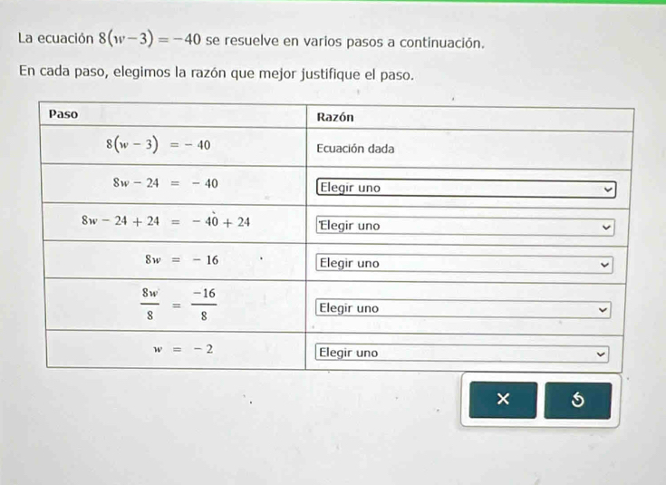 La ecuación 8(w-3)=-40 se resuelve en varios pasos a continuación.
En cada paso, elegimos la razón que mejor justifique el paso.
×