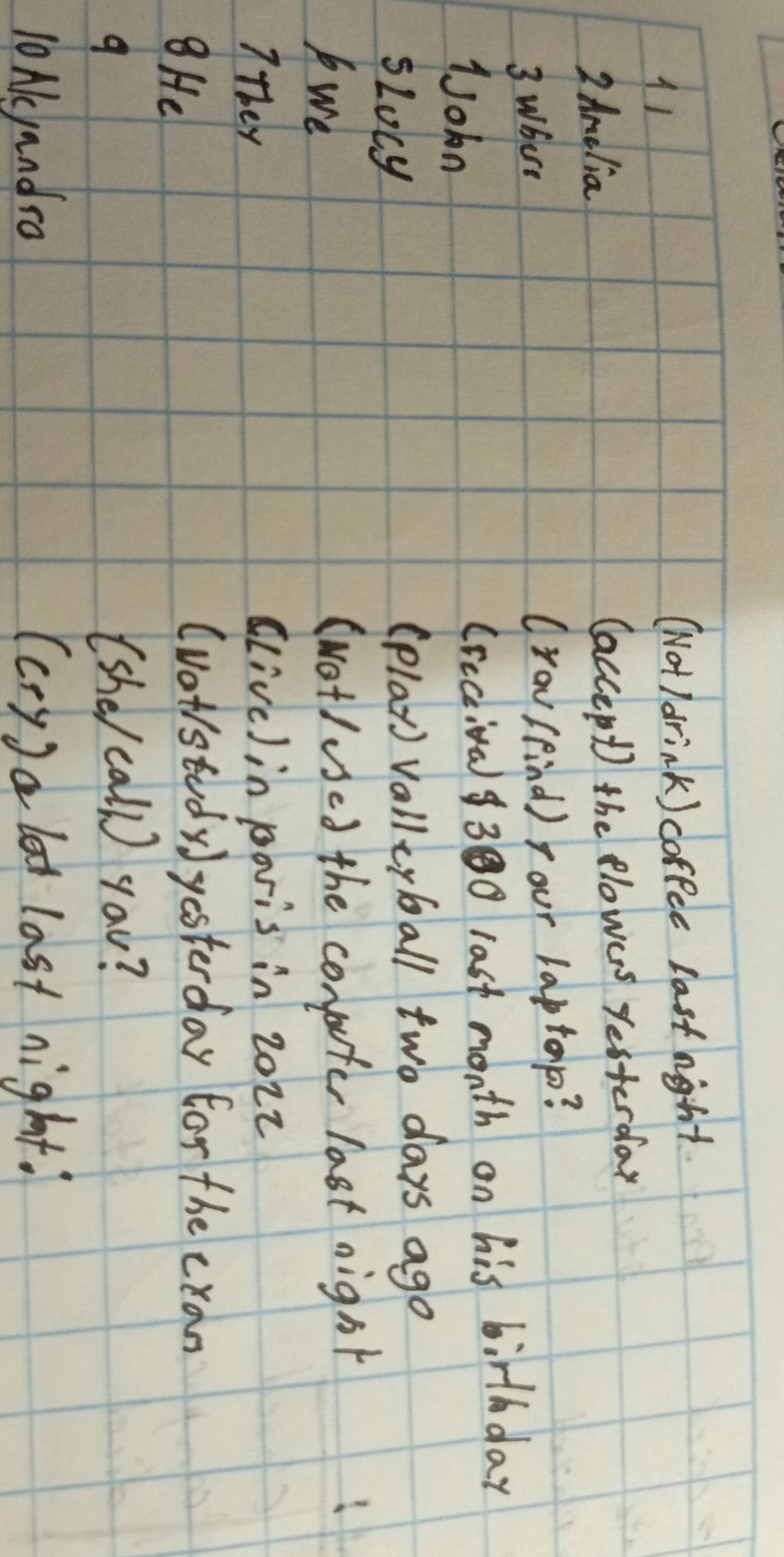 11 
(Not I drink) coffee lastnight 
2 Arclia 
(accept) the flowas yesterday 
3 Where (Yov (find) your laptap? 
Uohn (Fecival 30 last month on his birthday. 
sLocy (plax) vallcyball two days ago 
bwe (Notlused the computer last night 
7they (live)in paris in 2o22 
8He 
(vatrstudy) yesterday for the cran 
9 (she/ call) you? 
10 Aeyandsa (cry ) a led last night.