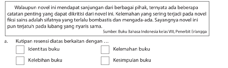 Walaupun novel ini mendapat sanjungan dari berbagai pihak, ternyata ada beberapa
catatan penting yang dapat dikritisi dari novel ini. Kelemahan yang sering terjadi pada novel
fiksi sains adalah sifatnya yang terlalu bombastis dan mengada-ada. Sayangnya novel ini
pun terjatuh pada lubang yang nyaris sama.
Sumber: Buku Bahasa Indonesia kelas VIII, Penerbit Erlangga
a. Kutipan resensi diatas berkaitan dengan ...
Identitas buku Kelemahan buku
Kelebihan buku Kesimpulan buku