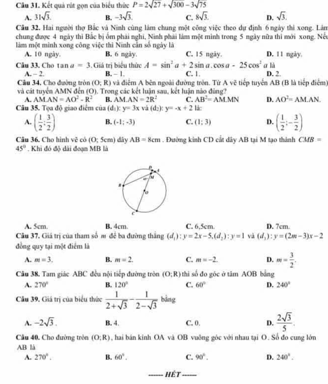 Kết quả rút gọn của biểu thức P=2sqrt(27)+sqrt(300)-3sqrt(75)
A. 31sqrt(3). B. -3sqrt(3). C. 8sqrt(3). D. sqrt(3).
Câu 32. Hai người thợ Bắc và Ninh cùng làm chung một công việc theo dự định 6 ngày thì xong. Lâm
chung được 4 ngày thi Bắc bị ốm phải nghi, Ninh phải làm một mình trong 5 ngày nữa thi mới xong. Nếu
làm một mình xong công việc thì Ninh cần số ngày là
A. 10 ngày. B. 6 ngày. C. 15 ngày. D. 11 ngày
Câu 33. Cho tan a=3. Giá trị biểu thức A=sin^2a+2sin a.cos a-25cos^2 a là
A. - 2. B. - 1. C. 1. D. 2.
Câu 34. Cho đường tròn (0;R) và điểm A bên ngoài đường tròn. Từ A vẽ tiếp tuyến AB (B là tiếp điểm)
và cát tuyển AMN đến (O). Trong các kết luận sau, kết luận nào đùng?
A. AM· AN=AO^2-R^2 B. overline AM· AN=2R^2 C. AB^2=AM.MN D. AO^2=AM.AN.
Câu 35. Tọa độ giao điểm của (d ): y=3x và (d_2):y=-x+2 lā:
A. ( 1/2 : 3/2 ) B. (-1;-3) C. (1:3) D. ( 1/2 ;- 3/2 )
Câu 36. Cho hình về có (O; 5cm) dây AB=8cm Đường kính CD cất dây AB tại M tạo thành CMB =
45°. Khi đó độ dài đoạn MB là
A. 5cm. B. 4cm. C. 6,5cm. D. 7cm.
Câu 37. Giá trị của tham số m đề ba đường thắng (d_1):y=2x-5,(d_2):y=1 và (d_1):y=(2m-3)x-2
đồng quy tại một điểm là
A. m=3. B. m=2. C. m=-2. D. m= 3/2 .
Câu 38. Tam giác ABC đều nội tiếp đường tròn (O;R) thi số đo góc ở timAOB bằng
A. 270° B. 120° C. 60° D. 240°
Câu 39. Giá trị của biểu thức  1/2+sqrt(3) - 1/2-sqrt(3)  bằng
A. -2sqrt(3). B. 4. C. 0. D.  2sqrt(3)/5 .
Câu 40. Cho đường tròn (O;R) , hai bán kinh OA và OB vuông góc với nhau tại O. Số đo cung lớn
AB là
A. 270°. B. 60°. C. 90°. D. 240°.
_Hết_