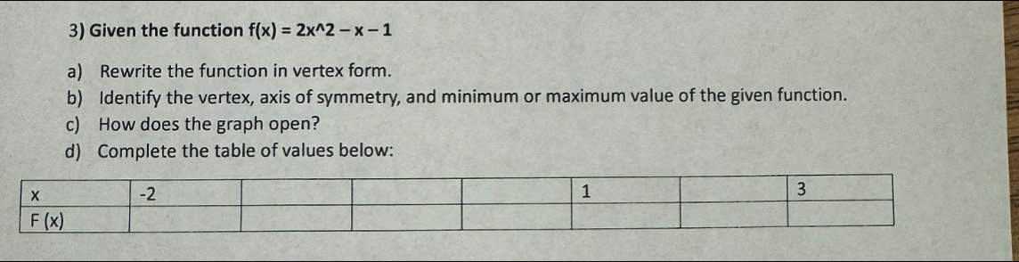 Given the function f(x)=2x^(wedge)2-x-1
a) Rewrite the function in vertex form.
b) Identify the vertex, axis of symmetry, and minimum or maximum value of the given function.
c) How does the graph open?
d) Complete the table of values below: