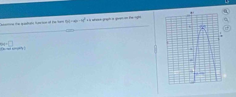 Determine the quadratic function of the form f(x)=a(x-h)^2+k whose graph is given on the right.
f(x)=□
(Do not simplity.)