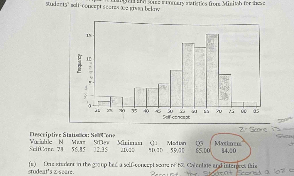 istogram and some summary statistics from Minitab for these 
students’ self-concept scores are given below 
Descriptive Statistics: SelfConc 
Variable N Mean StDev Minimum Q1 Median Q3 Maximum 
SelfConc 78 56.85 12.35 20.00 50.00 59.00 65.00 84.00
(a) One student in the group had a self-concept score of 62. Calculate and interpret this 
student’s z-score.