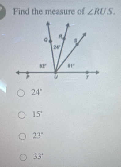 Find the measure of ∠ RUS.
24°
15°
23°
33°