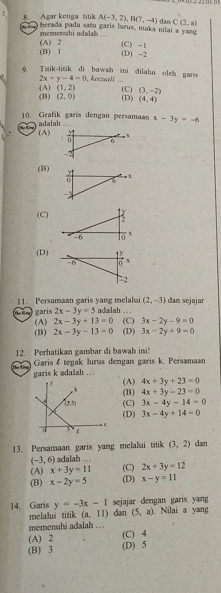 Agar ketiga titik A(-3,2),B(7,-4) dan C(2,a)
The King) berada pada satu garis lurus, maka nilai a yang
memenuhi adalah …
(A) 2 (C) -1
(B) 1 (D) -2
9. Titik-titik di bawah ini dilalui oleh garis
2x+y-4=0 , kecuali ...
(A) (1,2) (C) (3,-2)
(B) (2,0) (D) (4,4)
10. Grafik garis dengan persamaan x-3y=-6
adalah .. .
(A)
(B)
(C)
(D)
11. Persamaan garis yang melalui (2,-3) dan sejajar
The King garis 2x-3y=5 adalah
(A) 2x-3y+13=0 (C) 3x-2y-9=0
(B) 2x-3y-13=0 (D) 3x-2y+9=0
12. Perhatikan gambar di bawah ini!
The King Garis  tegak lurus dengan garis k. Persamaan
garis k adalah …
(A) 4x+3y+23=0
(B) 4x+3y-23=0
(C) 3x-4y-14=0
(D) 3x-4y+14=0
13. Persamaan garis yang melalui titik (3,2) dan
(-3,6) adalah . . .
(A) x+3y=11 (C) 2x+3y=12
(D)
(B) x-2y=5 x-y=11
14. Garis y=-3x-1 sejajar dengan garis yang
melalui titik (a,11) dan (5,a). Nilai a yang
memenuhi adalah . . .
(A) 2 (C) 4
(B) 3 (D) 5