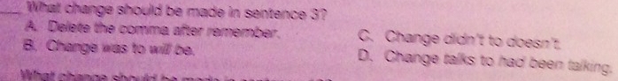 What change should be made in sentence 3?
A. Delete the comma after remember. C. Change didn't to doesn't.
B. Change was to will be. D. Change talks to had been talking.
What chance