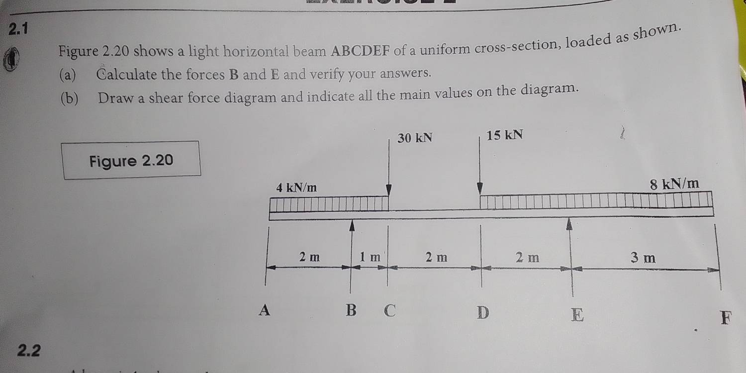 2.1 
Figure 2.20 shows a light horizontal beam ABCDEF of a uniform cross-section, loaded as shown. 
(a) Calculate the forces B and E and verify your answers. 
(b) Draw a shear force diagram and indicate all the main values on the diagram. 
Figure 2.20 
2.2