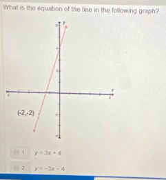 What is the equation of the line in the following graph?
1 y=3x+4
2 y=-3x-4