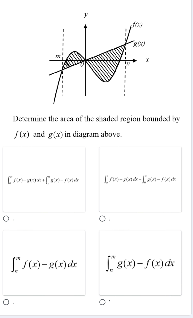 Determine the area of the shaded region bounded by
f(x) and g(x) in diagram above.
∈t _0^mf(x)-g(x)dx+∈t _n^0g(x)-f(x)dx ∈t _m^0f(x)-g(x)dx+∈t _0^ng(x)-f(x)dx;
∈t _n^mf(x)-g(x)dx
∈t _n^mg(x)-f(x)dx