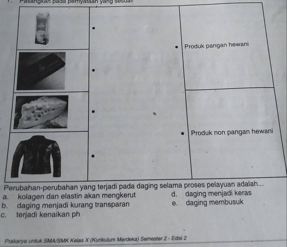 Pasangkan pada peryataan yang sesuan
Produk pangan hewani
Produk non pangan hewani
Perubahan-perubahan yang terjadi pada daging selama proses pelayuan adalah...
a. kolagen dan elastin akan mengkerut d. daging menjadi keras
b. daging menjadi kurang transparan e. daging membusuk
c. terjadi kenaikan ph
Prakarya untuk SMA/SMK Kelas X (Kurikulum Merdeka) Semester 2 - Edisi 2