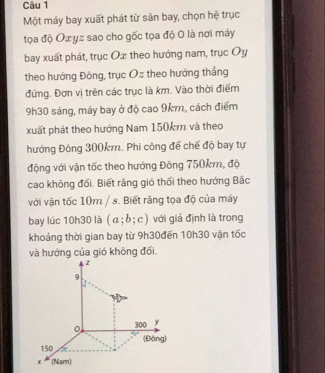 Một máy bay xuất phát từ sân bay, chọn hệ trục 
tọa độ Oxyz sao cho gốc tọa độ 0 là nơi máy 
bay xuất phát, trục Ox theo hướng nam, trục Oy 
theo hướng Đông, trục Oz theo hướng thẳng 
đứng. Đơn vị trên các trục là km. Vào thời điểm
9h30 sáng, máy bay ở độ cao 9km, cách điểm 
xuất phát theo hướng Nam 150km và theo 
hướng Đông 300km. Phi công để chế độ bay tự 
động với vận tốc theo hướng Đông 750km, độ 
cao không đổi. Biết rằng gió thổi theo hướng Bắc 
với vận tốc 10m / s. Biết rằng tọa độ của máy 
bay lúc 10h30 là (a;b;c) với giả định là trong 
khoảng thời gian bay từ 9h30đến 10h30 vận tốc 
và hướng của gió không đổi.