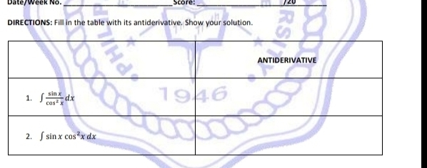 Bate/Week No. _Score:_
_
DIRECTIONS: Fill in the table with its antiderivative. Show your solution.