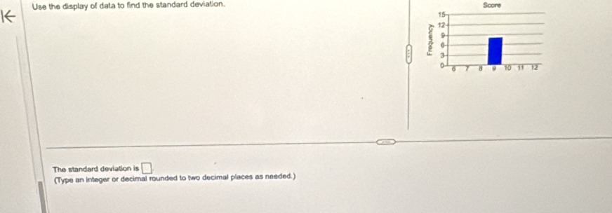 Use the display of data to find the standard deviation. Score 
The standard deviation is □. 
(Type an integer or decimal rounded to two decimal places as needed.)