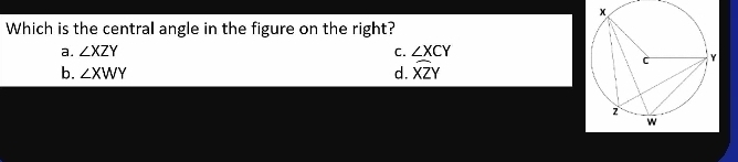 Which is the central angle in the figure on the right?
a. ∠ XZY C. ∠ XCY
b. ∠ XWY
d. widehat XZY