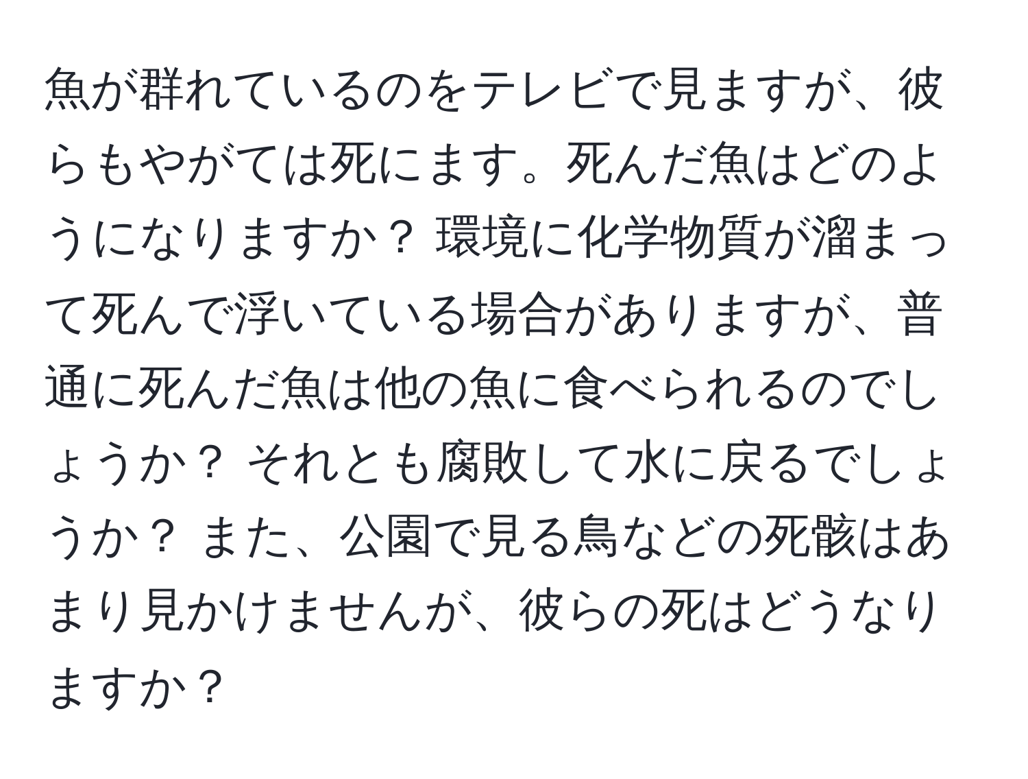 魚が群れているのをテレビで見ますが、彼らもやがては死にます。死んだ魚はどのようになりますか？ 環境に化学物質が溜まって死んで浮いている場合がありますが、普通に死んだ魚は他の魚に食べられるのでしょうか？ それとも腐敗して水に戻るでしょうか？ また、公園で見る鳥などの死骸はあまり見かけませんが、彼らの死はどうなりますか？