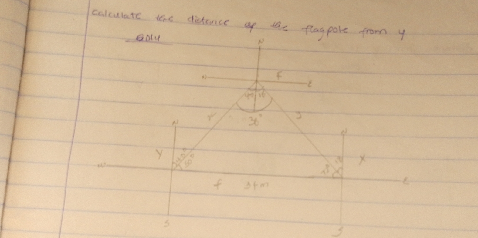 calculate tohe distance up the flagpore from y
Golu N
f
E
40 16
N
36°
Y beginarrayr 26^(50)endarray
X
x^22
f stm
e
5