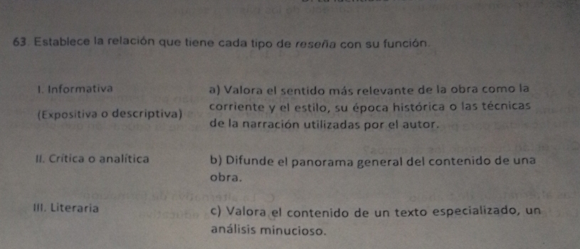 Establece la relación que tiene cada tipo de reseña con su función. 
1. Informativa a) Valora el sentido más relevante de la obra como la 
corriente y el estilo, su época histórica o las técnicas 
(Expositiva o descriptiva) de la narración utilizadas por el autor. 
II. Crítica o analítica b) Difunde el panorama general del contenido de una 
obra. 
III. Literaria c) Valora el contenido de un texto especializado, un 
análisis minucioso.