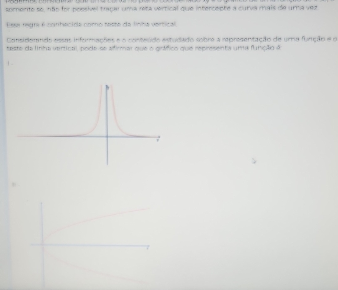 Podemos considerar gbe Dma cun 
somente se, não for possível traçar uma reta vertical que intercepte a curva mais de uma vez. 
Essa regra é conhecida como teste da linha vertical. 
Considerando essas informações e o conteúdo estudado sobre a representação de uma função e o 
teste da linha vertical, pode-se afirmar que o gráfico que representa uma função é: