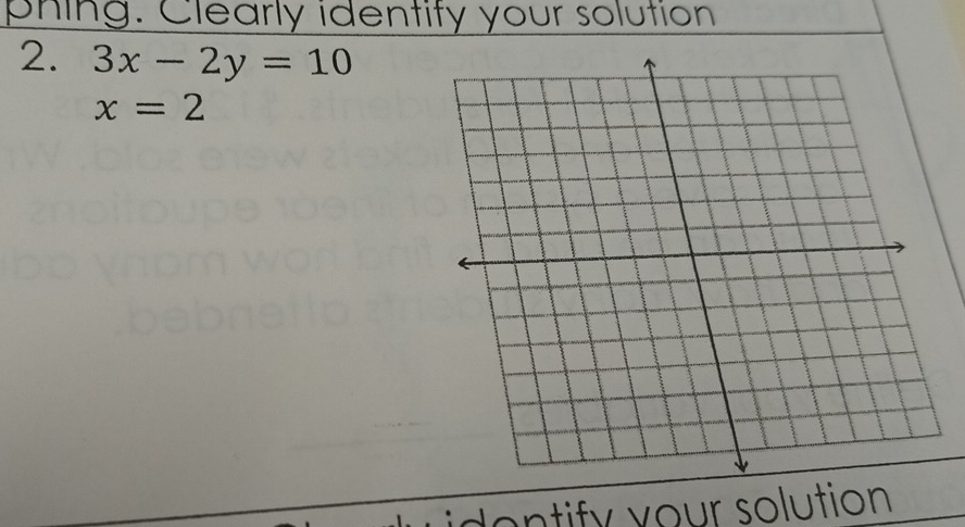 phing. Clearly identify your solution 
2. 3x-2y=10
x=2
idontify vour solution