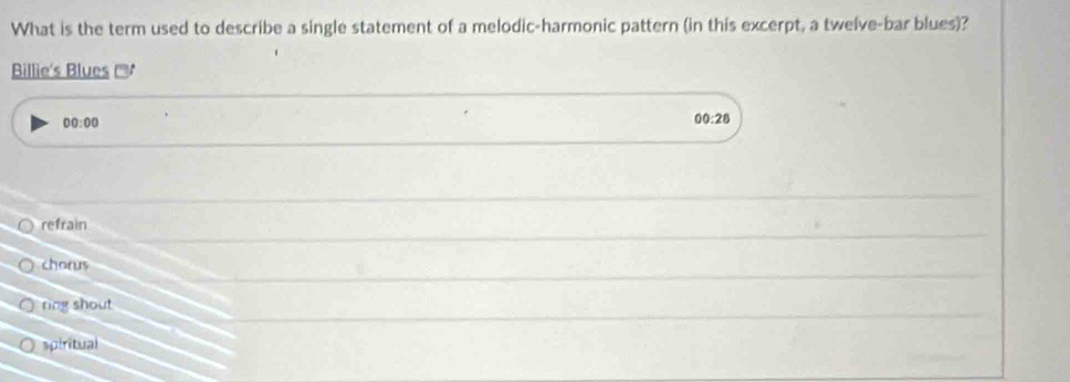 What is the term used to describe a single statement of a melodic-harmonic pattern (in this excerpt, a twelve-bar blues)?
Billie's Blues
00:00 
00:26
refrain
chorus
ring shout
spiritual