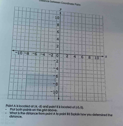 Distance between Coordinate Pairs 
Point A is located at (4,-3) and point B is located at (-5,-3). 
Plot both paints on the grid above. 
What is the distance from point A to point B? Explain how you determined the 
distance.