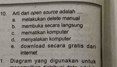 Arti dari open source adalah ....
a. melakukan delete manual
b. membuka secara langsung
c. mematikan komputer
d. menyalakan komputer
e. download secara gratis dari
internet
1. Diagram yang digunakan untuk