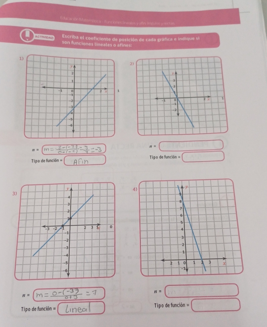 Educación Materática - Funciones invales y afín. lngules y rectas 
ACTIVIBAD Escriba el coeficiente de posición de cada gráfica e indíque si 
son funciones lineales o afines: 
2
n= m= n=□
Tipo de función = Tip o de función =□
4
n=
_
n=□
Tipo de función = Tipo de función =□