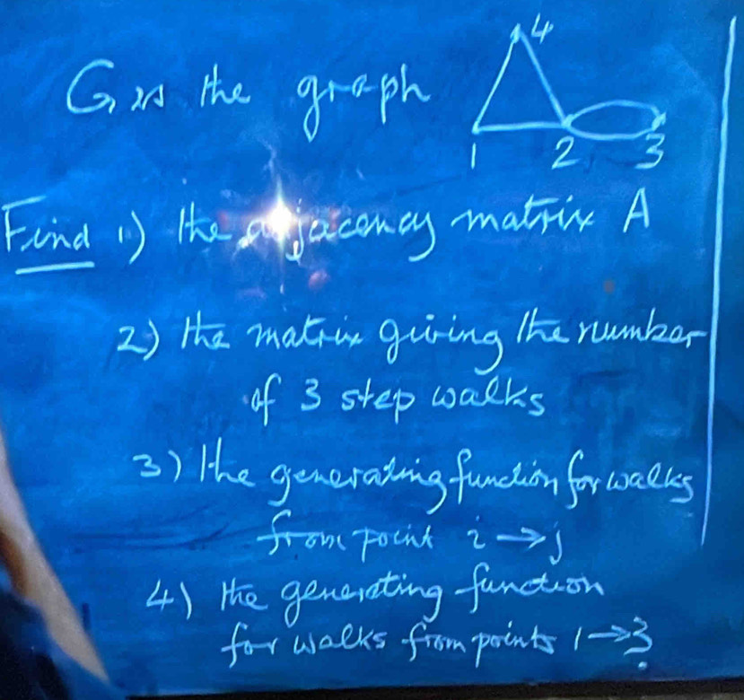 Gin the graph 
Find 1 thejocconcy matin A 
2) the mahn guring terumber 
of 3 step walks 
3) the generating fundion forcoels 
from pocnt i-s 
4) the generating function 
for walks from points 1-33