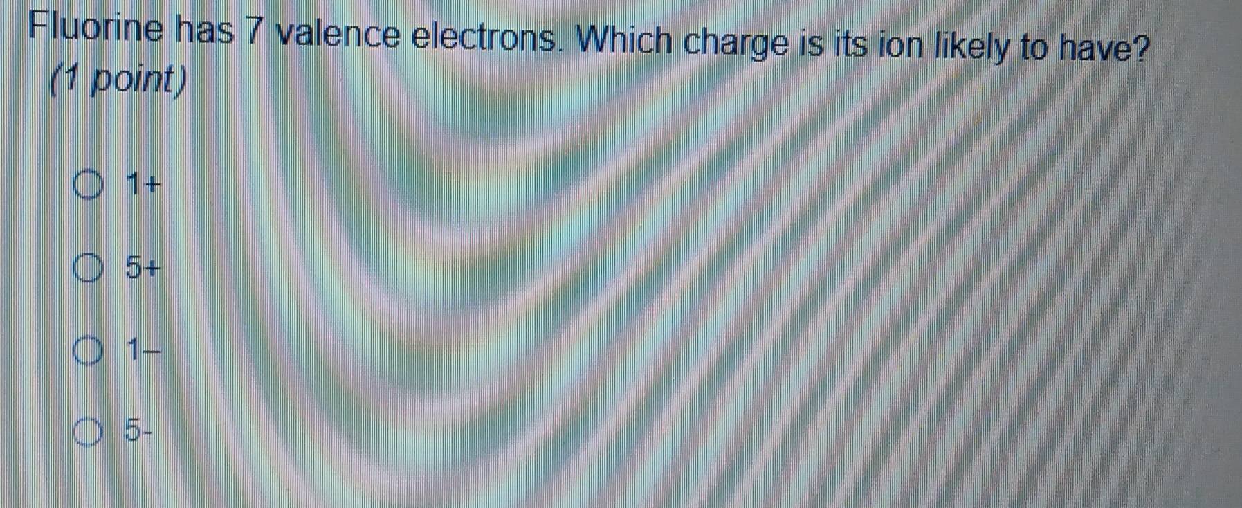 Fluorine has 7 valence electrons. Which charge is its ion likely to have?
(1 point)
1+
5+
1-
5-